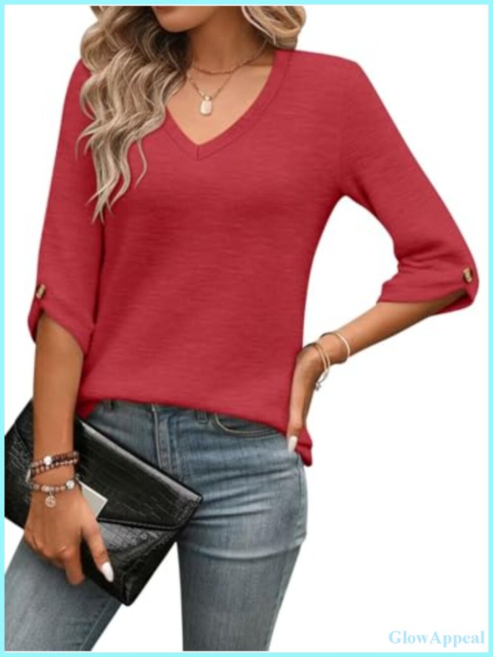 Womens Tunic Top 3/4 Sleeve V Neck Button Down Casual Blouse